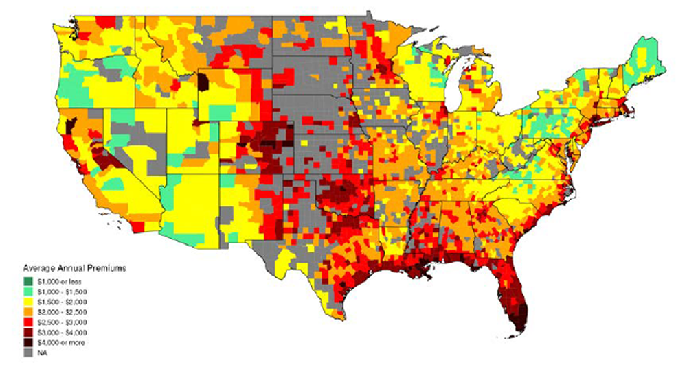 maps the average annual insurance premiums by county in the first half of 2023