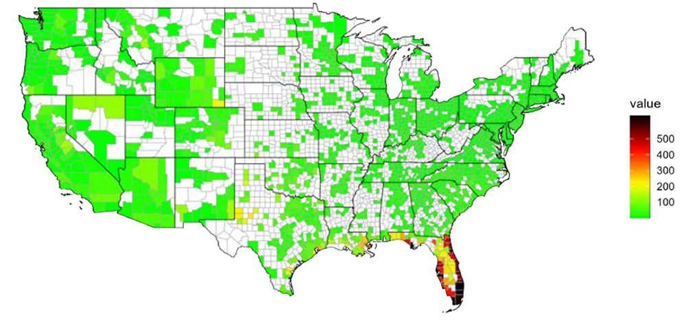 plots reinsurance shocks by county